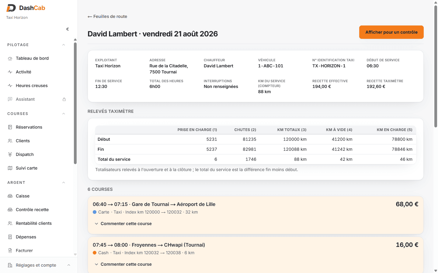 Feuille de route électronique DashCab : relevés taximètre de début et de fin de service, courses détaillées et export PDF