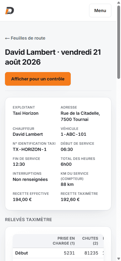 Feuille de route électronique DashCab sur un téléphone : exploitant, chauffeur, véhicule, numéro d’identification taxi, heures de service et recettes